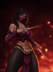 2018 2d abs barretxiii big_thighs black_fur cat_eyes mask masked midriff mileena mortal_kombat mortal_kombat_x muscular muscular_female solo solo_female thighs toned toned_female weapon yellow_eyes