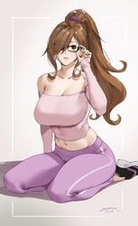 adjusting_eyewear adjusting_glasses big_breasts brown_hair brunette collarbone earrings eye_visible_through_hair eyebrows_visible_through_hair fully_clothed glasses high_ponytail huge_breasts kneeling kono_subarashii_sekai_ni_shukufuku_wo! large_breasts long_sleeves looking_at_viewer ponytail scrunchie sendrawz sneakers thick_thighs tight_clothing wiz_(konosuba) yoga_pants