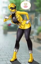 1girls 2020 2020s artist_name artist_signature belt bent_over big_breasts big_thighs breasts color dialogue female female_focus female_only gokai_yellow gokaiger gold_belt kaizoku_sentai_gokaiger large_breasts luka_millfy mask masked power_rangers power_rangers_megaforce power_rangers_super_megaforce saban_entertainment solo solo_female solo_focus stretchnsin super_sentai talking_to_another text thighs yellow_ranger