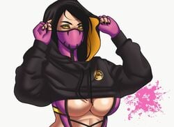 2d black_hair black_nails cat_ears color hood hooded_jacket hoodie mask masked mileena mileena_(mk9) mortal_kombat mortal_kombat_(2011) nails solo solo_female stretchnsin yellow_eyes