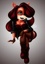 anthro arsbin boots dark_hair ear_piercing earrings evil_tawna fangs green_eyes lacey leggings looking_at_viewer simple_background tawna_bandicoot