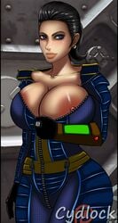 areolae ass bethesda_softworks big_ass big_breasts blue_eyes cleavage clothed clothing computer curvy cydlock electronics fallout fallout_(series) fallout_4 huge_breasts human jumpsuit large_ass nipples pip-boy short_hair thick_thighs tina_de_luca uniform vault_suit wide_hips wristwear