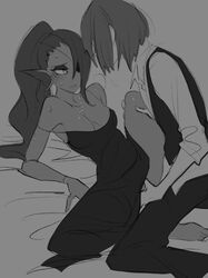 black_dress fingering fish_girl frisk half-closed_eyes masturbating masturbation monochrome noaharbre red_hair romantic undertale undyne wholesome yellow_eyes