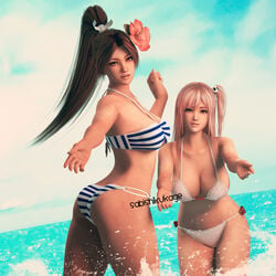 2girls 3d bikini brown_eyes brown_hair cleavage dead_or_alive fatal_fury flower_in_hair honoka_(doa) huge_breasts king_of_fighters long_hair mai_shiranui pink_eyes pink_hair sabishikukage short_hair snk splashing water