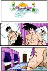 2boys abs age_difference anal_penetration anal_sex clothes_on_floor dragon_ball gay gay_sex hyperbolic_time_chamber incest legs_held_open male male_nipples male_only older_dom_younger_sub older_penetrating_younger on_bed pecs son_gohan son_goku tagme thrusting_into_ass yaoi