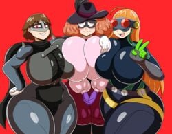 3girls big_breasts blush breast_press clothing curvaceous curvy embarrassed female_only haru_okumura hat huge_breasts human makoto_niijima mask mechspazer mechz multiple_girls pale_skin persona persona_5 phantom_thief_suit sakura_futaba thick_thighs v wide_hips