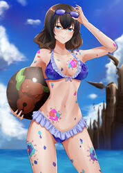 1girls arm_tattoo ball bangs beach beach_ball bikini bikini_skirt black_hair bloodstained:_ritual_of_the_night blue_bikini blue_eyes blue_swimsuit breast_tattoo breasts clouds female hair_between_eyes holding_beachball jojobirdz large_breasts leg_tattoo long_hair looking_at_viewer midriff miriam_(bloodstained) navel outside seaside sky smile stomach_tattoo sunglasses sunglasses_on_head swimsuit swimsuit_skirt tattoo water