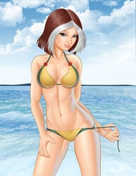 1girls anna_marie beach belly bikini brown_hair cleavage clouds curvy eyelashes eyeshadow female female_only fully_clothed goth green_eyes human human_only large_breasts light-skinned_female light_skin looking_at_viewer marvel marvel_comics medium_hair multicolored_hair naughty_face navel purple_eyeshadow revealing_clothes rogue_(evolution) rogue_(x-men) seaside side-tie_bikini slim solo solo_female spacecowboytv teenager thong two_tone_hair untying white_hair x-men x-men_evolution