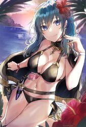 1girls artist_name backlighting bangs bare_shoulders bikini black_bikini black_cape black_swimsuit blue_eyes blue_hair breasts byleth_(fire_emblem) byleth_(fire_emblem)_(female) byleth_(summer)_(fire_emblem)_(female) cape cleavage collarbone cowboy_shot dagger evening eyebrows_visible_through_hair female fire_emblem fire_emblem:_three_houses fire_emblem_heroes flower flower_in_hair hand_up hibiscus jewelry kanniepan kanniiepan large_breasts long_hair looking_at_viewer navel necklace nintendo ocean outdoors red_flower smile solo stomach sunset swimsuit tassel thighs water weapon wristband