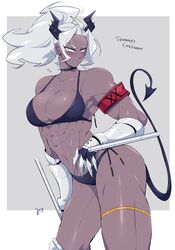 abs armband bikini blush breasts choker cleavage dark-skinned_female dark_skin demon demon_girl demon_horns demon_tail earrings gauntlets gram_quartz helltaker highres judgement_(helltaker) legband long_hair looking_away muscular muscular_female muscular_thighs o-ring_bikini ponytail tonfa white_eyebrows white_eyes white_hair