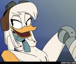 anatid anseriform anthro avian bird breasts clitoris clothing della_duck disney duck ducktales_(2017) eyewear female genitals goggles hat headgear headwear jhonnyseitgut looking_aside non-mammal_breasts pinup pose presenting presenting_pussy pussy scarf solo