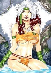 anna_marie belly brown_hair curvy gloves green_eyes headband homero_ricardo jungle large_breasts loincloth marvel marvel_comics multicolored_hair navel necklace rogue_(x-men) savage_land torn_clothes underboob voluptuous white_hair x-men