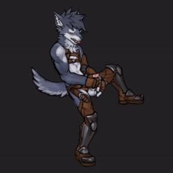 1boy 2019 after_transformation animal_genitalia animated anthro armor aroused blush brown_eyes canine canine_humanoid canine_penis erection fantasy fingerless_gloves furry game gif gloves grey_fur grey_hair hero_(monster_souls) knot knotted_penis leather leather_harness male male_only masturbation monster_boy monster_souls monster_souls_(artist) solo tongue_out warrior weapon wolf wolf_ears wolf_tail