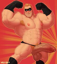 armpit_hair bara big_balls big_penis blonde_hair blue_eyes blush boner boots disney erection eye_mask flexing gloves male male_only mr._incredible muscles muscular muscular_male penis pinup pixar precum robert_parr smiling solo superhero the_incredibles veins veiny_arms veiny_muscles veiny_penis veiny_testicles wolf_con_f