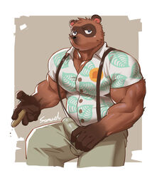 2020 absurd_res animal_crossing anthro barazoku belly bottomwear brown_body brown_fur bulge canid canine clothed clothing erection erection_under_clothing fur genital_outline hi_res male male_only mammal nintendo pants penis_outline raccoon_dog shirt solo tanuki tom_nook topwear video_games xianyusamuel