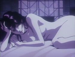 1girls 80s bed black_hair breasts covered_breasts goku_midnight_eye nude oldschool pinup retro screencap tagme yoko_yabuki