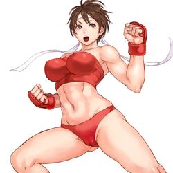 1girls bandeau brown_hair capcom handwear headband headwear human large_breasts mikanman nipple_bulge nipples_visible_through_clothing open_mouth pale_skin sakura_kasugano short_hair solo sports_bra sportswear street_fighter tagme tank_top tomboy tubetop very_short_hair