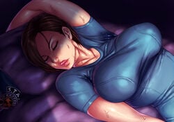 beret big_breasts clothed_female female female_focus female_only huge_breasts jill_valentine jill_valentine_(julia_voth) naughty_face police_uniform resident_evil sawao seductive short_hair sleeping solo solo_female solo_focus