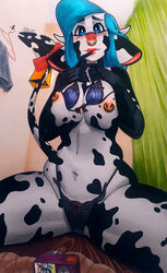 absurd_res anthro blue_eyes blue_hair bovid bovine breasts camera cattle clothing cow_print cowbell dressing_room_(disambiguation) facial_piercing female hair hi_res holstein_friesian_cattle looking_at_viewer mammal nipple_piercing nipple_ring nipples nose_piercing nose_ring piercing presenting presenting_breasts puffinza ribbons septum_piercing solo solo_focus tail_bow tail_ribbon underwear