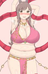 alternate_costume armpit_hair armpits bbw belly belly_rolls blush breasts brown_eyes brown_hair chubby chubby_female cleavage completely_nude cosplay dancer embarrassed female fire_emblem fire_emblem:_genealogy_of_the_holy_war fire_emblem_awakening hair_ornament harem_outfit heavy_blush highres huge_breasts jewelry large_breasts lene_(fire_emblem)_(cosplay) long_hair looking_at_viewer midriff milf navel nintendo open_mouth plump raigarasu smile solo steam sumia_(fire_emblem) sweat thick_thighs thighs