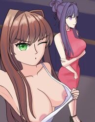 2girls 5_fingers bare_breasts breasts breasts_out doki_doki_literature_club dress exhibitionism female female_only flashing_breasts green_eyes hair_intakes long_hair monika_(doki_doki_literature_club) moritaris multiple_girls nipples one_eye_closed purple_eyes purple_hair wink yuri_(doki_doki_literature_club)