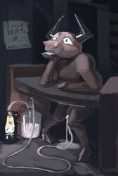 2020 7b7a2f anthro behind_the_counter bodily_fluids bovid bovine cattle cum cum_collecting cum_in_container detailed_background digital_media_(artwork) digital_painting_(artwork) ejaculation english_text furniture genital_fluids genitals head_on_hand hi_res inside knock-kneed looking_aside male male_only mammal nude penile penis penis_milking penis_milking_machine poster_(object) signature solo standing table text twink