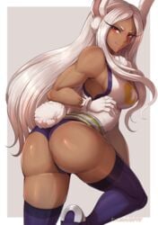 1girls ass big_breasts bunny_ears bunny_tail clothed clothed_female dark-skinned_female dark_skin duplicate evomanaphy female female_only huge_ass huge_breasts long_hair looking_back miruko muscular_female my_hero_academia naughty_face red_eyes rumi_usagiyama seductive seductive_smile smile solo solo_female thick_thighs white_hair