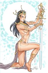 a_princess_of_mars armwear barsoom belly black_hair blue_eyes bracelet curvy dejah_thoris elias_chatzoudis gold_pasties jewelry jewelry_chains large_breasts legwear loincloth looking_at_viewer pasties royalty shoulder_armor side_view sword underboob voluptuous