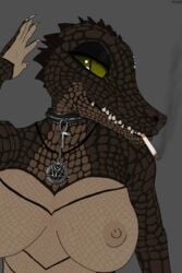 2:3 absurd_res anthro cigarette collar crocodile crocodilian crocodylid female goth hi_res nanami_ylata nipples nude piercing pinup pose reptile scales scalie second_life smoking solo