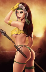 1girls anna_marie ass brown_hair bubble_butt curvy erect_nipples female female_only gloves green_eyes hand_on_head headband large_ass large_breasts martaino marvel marvel_comics multicolored_hair rogue_(x-men) savage_land solo spear torn_clothes voluptuous white_hair x-men