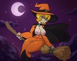 blonde_hair breasts_out broom_riding female green_eyes kythos looking_at_viewer pink_nipples sharp_teeth solo thick_thighs wide_hips witch witch_hat