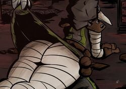 bandages big_ass darkest_dungeon doctor female hood laying_down plague_doctor plague_doctor_(darkest_dungeon) thick_thighs