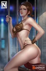 1girls bastila_shan big_ass blue_eyes blush boots brown_hair bubble_butt cell cleavage female female_only hand_on_hip harem_girl harem_outfit knights_of_the_old_republic medium_breasts nopeys prison_cell slave_bikini slave_leia_(cosplay) slave_outfit smile solo star_wars voluptuous