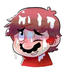 1boy blush brown_hair clothed cum cum_on_face cum_on_hair digital_media_(artwork) facial gay male male_only mario mario_(series) moustache nintendo one_eye_closed orgasm orgasm_face red_shirt salad_pervert solo white_background yaoi