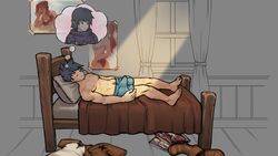 1boy aroused ash_(monster_souls) boots bulge cute dark_hair dream elf erection fantasy feet game hero_(monster_souls) human laying laying_on_bed male male_only monster_souls monster_souls_(artist) morning_wood on_bed pinup pinup_girls pointy_ears poster red_eyes