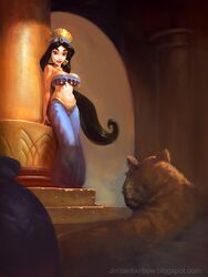 1girls 1other aladdin arabian arabian_clothes belly belly_dancer black_hair brown_eyes cleavage disney disney_princess earrings female female_focus feral frank_frazetta_inspired harem_girl harem_outfit harem_pants headdress jordan_kerbow large_breasts long_hair navel parody pet princess_jasmine rajah tiger tribute voluptuous