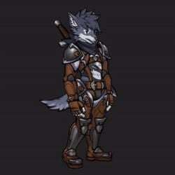 2019 after_transformation animated anthro armor brown_eyes canine canine_humanoid cute fantasy furry game gloves grey_fur grey_hair harness hero_(monster_souls) leather leather_harness male male_only monster_boy monster_souls monster_souls_(artist) shoulder_pads solo sword tail tight_clothing tongue_out torn_clothes wolf wolf_boy