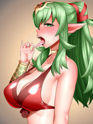 1girls big_breasts bikini bikini_top blush breasts fangs fire_emblem fire_emblem_awakening fire_emblem_heroes green_eyes green_hair large_breasts long_tongue nintendo red_bikini red_swimsuit seductive sweatdrop swimsuit tiki_(adult)_(fire_emblem) tiki_(adult)_(summer)_(fire_emblem) tiki_(fire_emblem) tongue tongue_out uncats