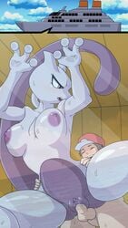 against_glass anthro boat breasts brown_hair cap female human human_on_anthro interspecies male male_human/female_anthro male_human/female_pokemon mewtwo nipples on_wall pokemon pokemon_(species) pokemon_frlg pokemon_rgby purple_eyes pussy red_(pokemon) see-through sex