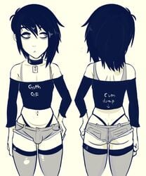 1boy ass ass_cleavage black_hair bra_strap bulge butt_crack choker clothing collar femboy goth lavey lavey-otokonoko male male_only monochrome navel_piercing penis_under_clothes pose short_shorts skimpy slutty_outfit thighhighs thong