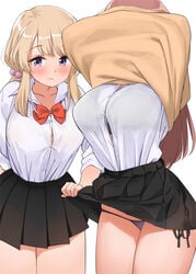 arms_above_head assisted_exposure blonde_hair busty curvaceous flashing huge_breasts kaisen_chuui lifting lifting_skirt original panties pantyshot pantyshot_(standing) removing_shirt showing_off smug smug_face smug_smile taking_clothes_off thick thick_thighs unaware wide_hips