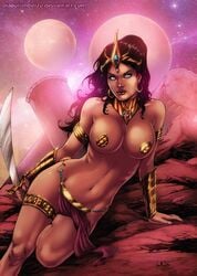 1girls a_princess_of_mars armband barsoom belly black_eyes blue_eyes cedric_humbert dejah_thoris earrings female gauntlet gold_pasties headdress john_carter_of_mars large_breasts leo_matos loincloth long_hair mars navel pasties royalty sword thighband