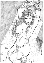 a_princess_of_mars armband arms_above_head arms_up barsoom belly black_and_white black_hair bondage bound_wrists bracelet caio_marcus captured curvy defeated dejah_thoris enslaved_royal greyscale headdress john_carter_of_mars large_breasts legwear loincloth long_hair navel nipple_covers one_leg_up pasties prisoner royalty shackles slave standing voluptuous wrist_cuffs wrists_bound