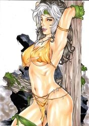 1girls anna_marie belly brown_hair curvy erect_nipples female female_only gloves green_eyes large_breasts loincloth marvel marvel_comics matheushenrique_(artist) multicolored_hair navel necklace pubic_hair rogue_(x-men) savage_land solo torn_clothes tree voluptuous white_hair x-men