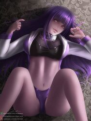 1girls bent_knees bottomless bra breasts cameltoe female female_only fishnets forehead_protector from_above hyuuga_hinata jacket long_hair looking_at_viewer lying naruto naruto_(series) naruto_shippuden navel open_jacket panties purple_hair smile underwear viewed_from_above violet_eyes w_arms xredmhar