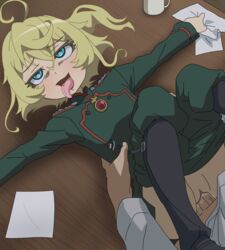 1boy 1girls ahegao blonde_hair blue_eyes clothed_sex flat_chest pussy sex tagme tanya_degurechaff tomu_(tomubobu) uncensored vaginal_penetration youjo_senki