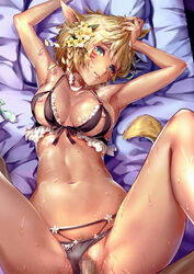 absurdres arm_up armpits bed_sheet black_bra black_panties blonde_hair bra braid breasts censored clothing condom dark_skin facial_mark female final_fantasy final_fantasy_xiv frilled_bra frills from_above from_below green_eyes hair_between_eyes hand_in_hair head_tilt highres huge_filesize looking_at_viewer lying male matching_underwear medium_breasts miqo'te mosaic_censoring navel nipple_cutout nipples on_back panties panties_aside parted_lips penetration penis pillow pubic_hair pussy sex shiny shiny_hair shiny_skin short_hair side_braid slit_pupils solo spread_legs straight tarou_(user_tpmh7442) underwear vaginal_penetration