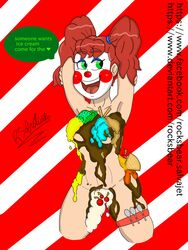 arms_behind_head baby baby_(fnafsl) cherry chocolate chocolate_on_breasts circus_baby circus_baby_(fnaf) clown clown_makeup clown_nose covered_breasts covered_nipples cream ears facepaint female female_only five_nights_at_freddy's food fudge green_eyes ice_cream legband legwear mouth_open navel neck nude open_mouth plain_background ponytails racso_art red_hair rocksbear_(artist) sister_location speech_bubble spoon talking teeth text waifu2x