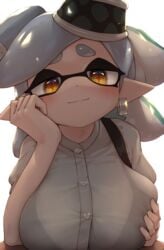 +_+ 1girls 5_fingers agent_4_(splatoon) arm_support breasts buttons clothed clothes clothing domino_mask earrings female female_only hands_on_own_chest hizake huge_breasts inkling kashu_(hizake) large_breasts looking_at_viewer marie_(splatoon) mole mole_under_eye nintendo pale_skin pointy_ears solo solo_female splatoon splatoon_2 symbol-shaped_pupils tentacle tentacle_hair unusual_pupils white_hair yellow_eyes yellow_pupils