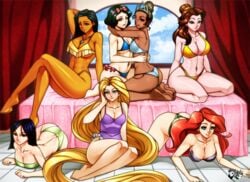 6+girls 7girls abs aqua_eyes ariel ass beauty_and_the_beast belle bikini black_eyes brown_eyes bubble_butt cleavage crossover curvy dark-skinned_female disney disney_princess fa_mulan female female_only femsub fit green_eyes hairbow hairbun happy_sub harem harem_outfit hazel_eyes jadenkaiba large_breasts long_hair medium_breasts mulan multiple_girls native_american necklace necklace_between_breasts pocahontas pocahontas_(character) princess rapunzel royalty short_hair snow_white_(disney) snow_white_and_the_seven_dwarfs submissive_female swimsuit symmetrical_docking tangled the_little_mermaid the_princess_and_the_frog thick_thighs tiana tiara